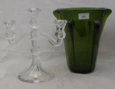 A green Murano glass Art vase and a candelabra