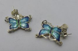 A pair of silver and enamel butterfly earrings