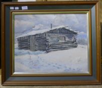 KEN SOWELL, Winter Log Cabin, oil on board,