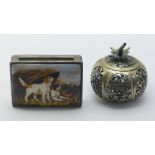 A 925 silver snuff box decorated with dogs and a small pierced box and cover