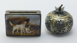 A 925 silver snuff box decorated with dogs and a small pierced box and cover