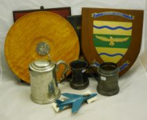 A quantity of plaques, presentation gavel and pewter tankards, etc.