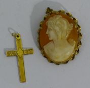 A 9 ct gold framed cameo brooch and a 9 ct gold cross (10.