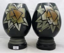 A pair of contemporary black and silvered etched glass vases, signed P.A.