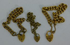 Two 9 ct gold bracelets and padlocks, together with another,