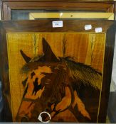 A marquetry horse panel and frames