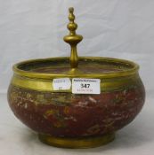 A bronze mounted wooden lidded pot