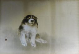 A Japanese watercolour on silk of an Akita