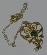 A Victorian 9 ct gold pendant and chain set with turquoise and seed pearls