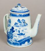An 18th/19th century Chinese blue and white teapot Decorated in the round with pagodas in
