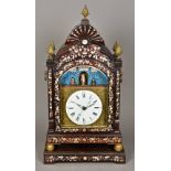 A Chinese mother-of-pearl inlaid hardwood cased automaton table clock The 8 1/2 inch white painted