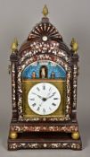 A Chinese mother-of-pearl inlaid hardwood cased automaton table clock The 8 1/2 inch white painted