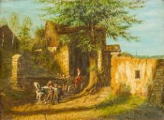 W KUHN (19th century) Continental Figures With Horse and Cart Before Rural Buildings Oil on