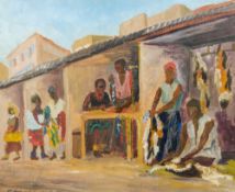 ROSE HENRIQUES (20th century) Durban Native Market Oil on paper Old label to verso 47 x 39 cm,