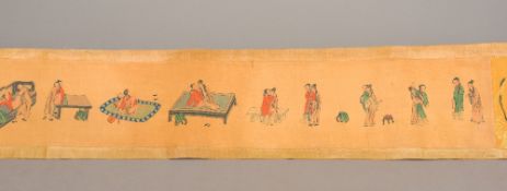 A Chinese erotic scroll Decorated with figures in various sexual positions. 275 cm long.