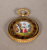 A Continental unmarked gold decorated pendant Worked with a female figure at a spring,
