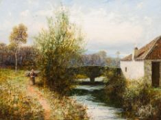 WILLIAM WOOLARD (flourished 1883-1908) Scottish Faggot Gatherer in a Rural River Landscape Oil on