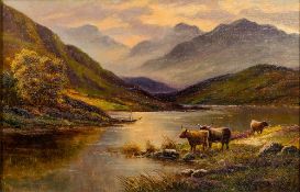 ERNEST WALBOURNE (1872-1927) British Cattle Watering in a Highland Loch Scene Oil on