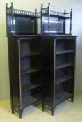 A pair of Victorian aesthetic gilt decorated ebonised standing bookcases Each three quarter