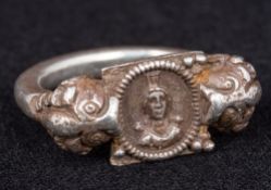 A silver seal ring, possible 2nd century BC Hellenistic The central bezel worked with a portrait,