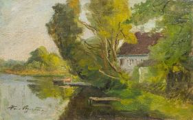 HANS AGERSNAP (1857-1925) Danish Riverscape Landscape Oil on canvas Signed 33.