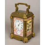 A French lacquered brass cased repeating carriage alarm clock Inset to the sides and back door with