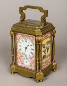 A French lacquered brass cased repeating carriage alarm clock Inset to the sides and back door with