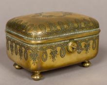 A 19th century engraved brass trinket box Of hinged domed rectangular form,