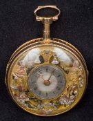 A Continental 18 ct gold automaton pocket watch The engine turned silvered dial with Arabic