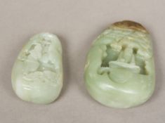 A Chinese carved jade pebble Carved with a bearded figure seated in a cave;