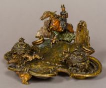 A 19th century cold painted bronze desk stand Formed as a female fox hunter riding side saddle and