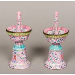 A pair of 18th/19th century Canton enamel incense burners Each with slender chimney above removable