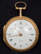 An unmarked 18 ct gold enamel decorated pair cased verge escapement pocket watch The white