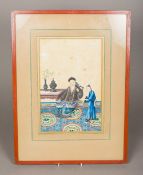 A 19th century Chinese watercolour Depicting a seated gentleman with a pipe and attendant,