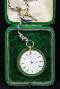 A Swiss 18 ct gold cased open faced pocket watch The 1 2/8th inch white enamelled dial with Roman