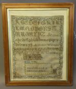 A 19th century needlework sampler Worked with the alphabet and a short verse,