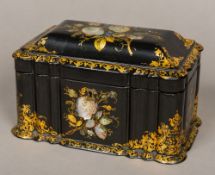 A Victorian mother-of-pearl inlaid gilt decorated papier mache tea caddy The hinged cover enclosing