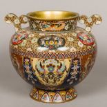 A Chinese cloisonne jardiniere Of flared bulbous form with twin scroll handles,