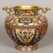 A Chinese cloisonne jardiniere Of flared bulbous form with twin scroll handles,