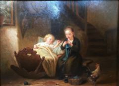 DECORATIVE SCHOOL (20th century) Sisters in a Cottage Interior Oil on board Bears signature 39 x 28.