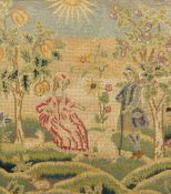 A 19th century needlework panel Worked with a couple in a garden with sheep and a rabbit before