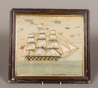 A Victorian ship's woolwork picture Of typical form, depicting a three masted gun ship,