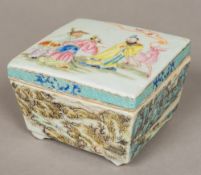 An 18th century Chinese porcelain ink box and cover The body well painted with river landscapes,