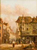 H N EUGENE (19th century) Continental Townscape With Figures Oils on canvas Signed 28 x 38 cm,