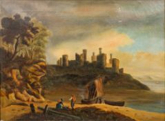 ENGLISH SCHOOL (19th century) Figures in Coastal Landscape Before a Ruined Castle Oil on canvas 67