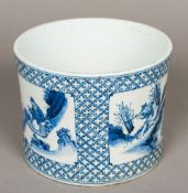A Chinese blue and white porcelain brush pot Decorated with figural vignettes on a diaper ground.