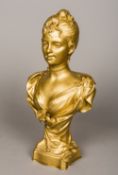 MARCEL DEBUT (1865-1933) French Art Nouveau Bust of a Young Lady Later gilded bronze Signed 38.
