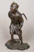 A Japanese Meiji period patinated bronze figure Formed as a farmer holding a scythe behind his back,