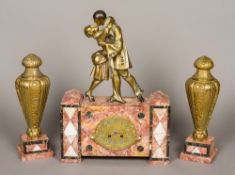 A French Art Deco triple clock garniture The dial with Arabic numerals and bell striking barrel