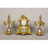 A French gilt and porcelain clock garniture The clock surmounted two doves above the white